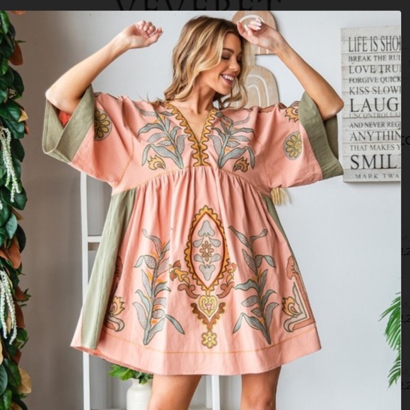 Veveret 💜 #50 Veveret Embroidered Mini V-Neck Mini Dress Boho Babydoll SR21 - Picture 2 of 4